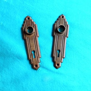 Vintage Small Art Deco Doorknob Backplate Pair Stamped Steel