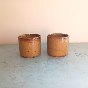 Vintage Mid-Century Studio Pottery Cups - Set of 2, 2.5" Speckled Stoneware Sake or Espresso Cups with Brown Drip Glaze, Artisan Signed VB