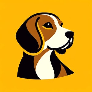 Może przedstawiać: Stylizowana ilustracja psa rasy beagle z brązowym, czarnym i białym futrem. Pies patrzy w prawo i ma szczęśliwy wyraz twarzy.