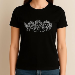 Minimalist Angel Trio T-Shirt: See No Evil Line Art - 100% Cotton