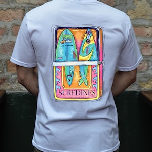 Surf Dines T-Shirt: Retro Surfboard Sardine Graphic Tee