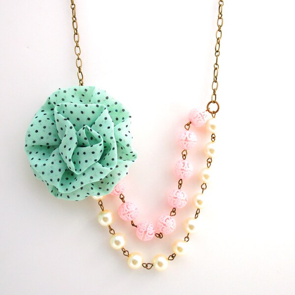 Asymmetrical Mint Green Fabric Flower Necklace Buy 3 Get 1 Free