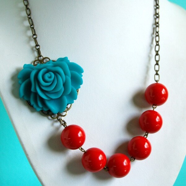 Asymmetrical Teal and Red Rose Necklace