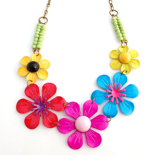 Multi Colored Enamel Flower Bib Necklace