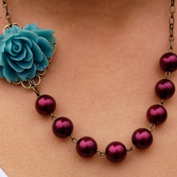 Asymmetrical Blue and Burgundy Rose Necklace Buy 3 Get 1 Free