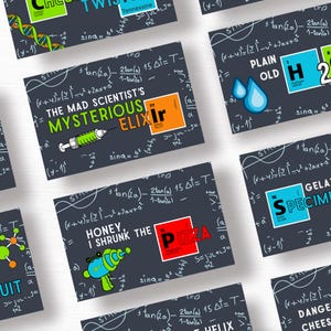 Cartes de tente de nourriture de partie de science avec le plan de menu - liste d'épicerie, recettes, suggestions de service - modèle modifiable de toile - téléchargement numérique
