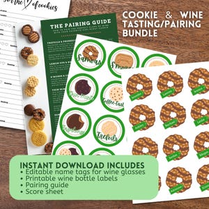 Kit de dégustation de biscuits et de vins Girl Scout, étiquettes personnalisables pour verres à vin, étiquettes de bouteilles, guide d'association, carte de pointage, lot imprimable