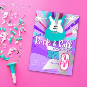 Rockstar - Rock and Roll - roze en paars - uitnodigingen verjaardagsfeestje (digitaal)