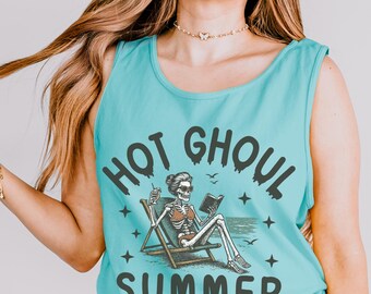 Hot Ghoul Summer Tank Top Summerween Shirt Halloween Summer Librariancore Halloween Tank Skeleton Reading Books Spooky Summer Bookish Horror