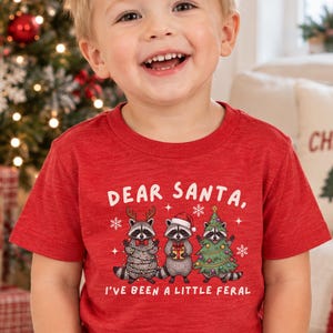 Puede incluir: Una camiseta de manga corta en color rojo jaspeado con un gr&aacute;fico de tres mapaches y el texto "DEAR SANTA, I'VE BEEN A LITTLE FERAL". Un mapache lleva astas de reno, otro un gorro de Pap&aacute; Noel y el tercero est&aacute; decorado como un &aacute;rbol de Navidad.
