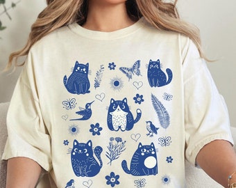 Cat Linocut Shirt: Cottagecore Cats & Birds T-Shirt