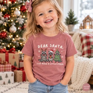 Puede incluir: Una camiseta de manga corta en color malva jaspeado con un gr&aacute;fico de tres mapaches y el texto "DEAR SANTA, I'VE BEEN A LITTLE FERAL". Un mapache lleva astas de reno, otro un gorro de Pap&aacute; Noel y el tercero est&aacute; envuelto en luces de Navidad.