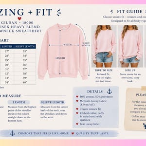 May include: A light pink Gildan 18000 unisex heavy blend crewneck sweatshirt displayed with a sizing chart in inches, a fit guide showing three different fit styles, measurement instructions, product details, and a note about color variations.