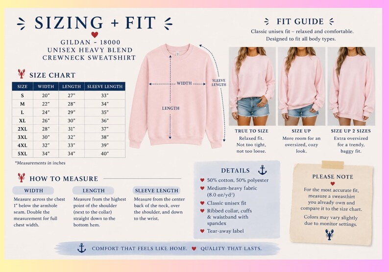 May include: A light pink Gildan 18000 unisex heavy blend crewneck sweatshirt displayed with a sizing chart in inches, a fit guide showing three different fit styles, measurement instructions, product details, and a note about color variations.