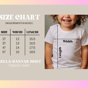 Puede incluir: Una tabla de tallas para una camiseta de ni&ntilde;o peque&ntilde;o Bella+Canvas 3001T, que muestra medidas en pulgadas para las tallas 2T a 5T. La tabla enumera las dimensiones de ancho y largo junto a una gu&iacute;a visual que muestra una camiseta blanca.