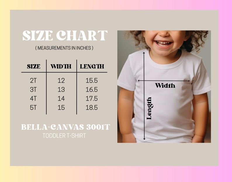 Puede incluir: Una tabla de tallas para una camiseta de ni&ntilde;o peque&ntilde;o Bella+Canvas 3001T, que muestra medidas en pulgadas para las tallas 2T a 5T. La tabla enumera las dimensiones de ancho y largo junto a una gu&iacute;a visual que muestra una camiseta blanca.