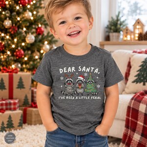 Puede incluir: Una camiseta de manga corta en gris jaspeado oscuro con un gr&aacute;fico de tres mapaches y el texto "DEAR SANTA, I'VE BEEN A LITTLE FERAL". Los mapaches est&aacute;n decorados con luces de Navidad, un gorro de Pap&aacute; Noel y un dise&ntilde;o de &aacute;rbol.