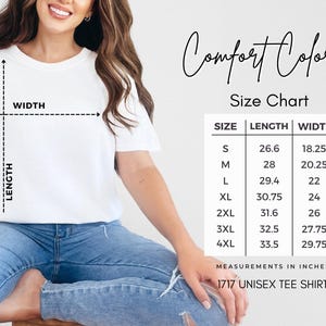 Puede incluir: Tabla de tallas para una camiseta unisex en tallas S a 4XL. Las medidas est&aacute;n en pulgadas. La tabla muestra la longitud y el ancho de cada talla.