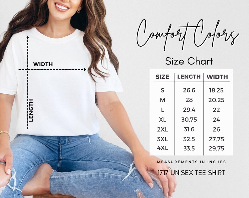 Puede incluir: Tabla de tallas para una camiseta unisex en tallas S a 4XL. Las medidas est&aacute;n en pulgadas. La tabla muestra la longitud y el ancho de cada talla.