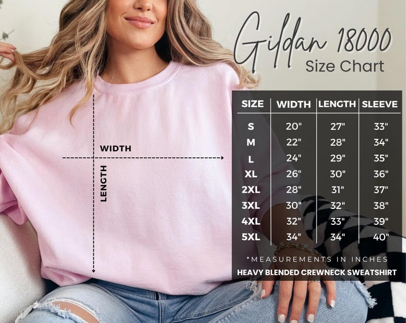 May include: A light pink crewneck sweatshirt with a size chart. The chart lists measurements in inches for sizes S to 5XL. The sweatshirt is a heavy blended crewneck.