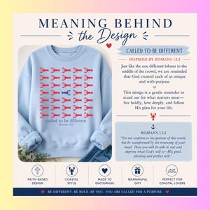 May include: A light blue crewneck sweatshirt featuring a grid of red lobster graphics with one central blue lobster. Below the grid, the text reads "called to be different" and "Romans 12:2". The image includes descriptive text about the design.