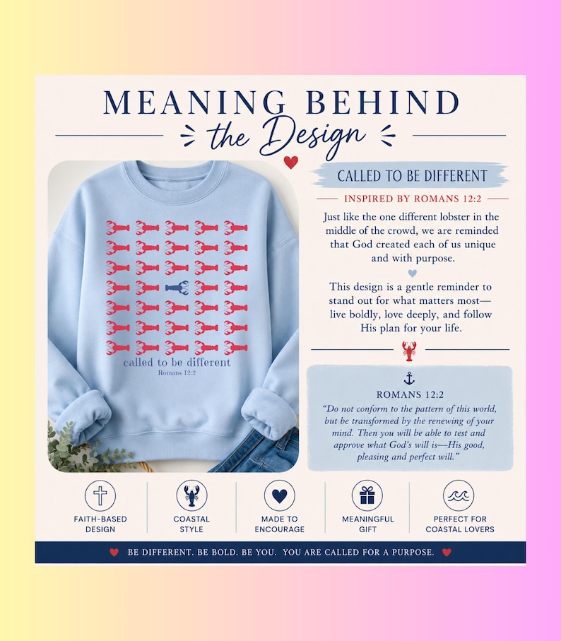 May include: A light blue crewneck sweatshirt featuring a grid of red lobster graphics with one central blue lobster. Below the grid, the text reads "called to be different" and "Romans 12:2". The image includes descriptive text about the design.