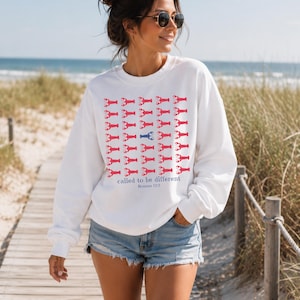 May include: A white long-sleeve crewneck sweatshirt featuring a grid pattern of small red lobster illustrations with one blue lobster in the center. Below the grid, the text reads "called to be different" followed by "Romans 12:2" in blue lettering.
