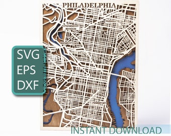 Philadelphia City Map: 3D Laser Cut Wood, SVG DXF EPS (Digital Download)