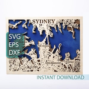 Kaart van Sydney, Australië SVG, meerlaags lasergesneden bestand, 3D City Art, Cricut Project, houtsnijden, CNC-router DXF-bestanden, digitale download