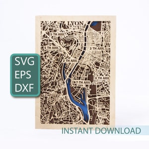 Lyon Craft, kaart van Frankrijk, meerlaagse SVG, Glowforge-projecten, multiplex lasergesneden, kunst aan de muur stadsstraten, Europa geschenken, digitale download