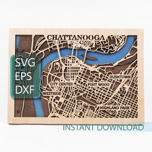 Carte de Chattanooga, Tennessee State SVG, fichier découpé au laser USA, décoration multicouche, téléchargement numérique instantané, modèles Glowforge, découpes de bois