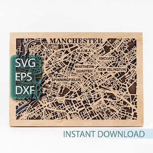 Carte de Manchester, Royaume-Uni SVG, fichiers 3D découpés au laser, téléchargement numérique instantané, décoration Angleterre, travaux manuels en couches, cadeaux de voyage