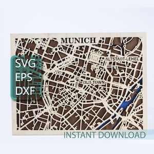 Kaart van München, Duitsland lasergesneden bestand, gelaagde SVG, instant digitale download, 3D Cricut-project, City Craft, CNC-bestanden voor houtrouter