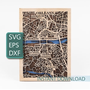 Ville d'Orléans, France SVG, carte en couches 3D, découpes de contreplaqué, fichiers laser prêts, téléchargement numérique svg eps dxf, projets Cricut