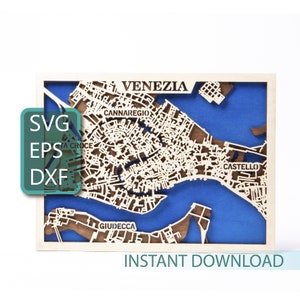 Mappa di Venezia Wall Art, Venezia SVG, Decorazione Italia, Taglio Laser, Arte a Strati di Legno, Artigianato Cricut, File Vettoriali Router CNC, Download Istantaneo