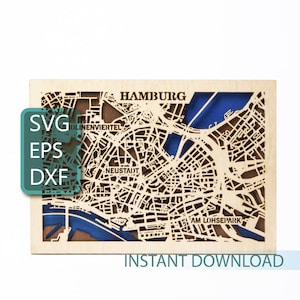 Carte de Hambourg SVG, Allemagne, travaux manuels Cricut, projets en superposition de bois, motifs de découpe laser, fichiers vectoriels, téléchargement numérique
