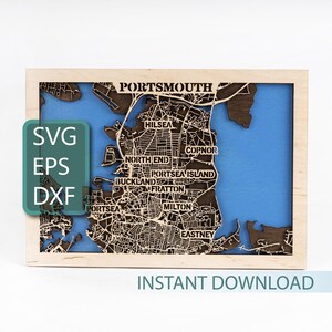 Carte de Portsmouth, Royaume-Uni, SVG multicouche, téléchargement immédiat, décoration Angleterre, découpe laser 3D, fichiers de découpe CNC, modèle Papercut