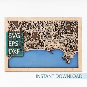Carte de Cannes, SVG en couches 3D, conception France, modèles découpés au laser, travaux manuels Cricut, téléchargement numérique, cadeaux de voyage, art mural plan de la ville