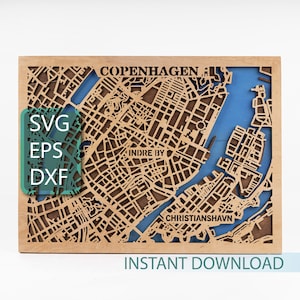 Carte de Copenhague, Danemark SVG, design danois, fichier découpé au laser multicouche, modèle Cricut, découpe de bois 3D, projet de routeur CNC, téléchargement immédiat