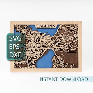 Tallinn, Estland kunst, kaart lasergesneden bestand, 3D gelaagde SVG, digitale download, multiplex meerlagig ontwerp, Glowforge-projecten, CNC-snijden