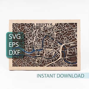 Carte de Bristol, Angleterre, fichiers SVG prêts pour le laser, téléchargement numérique eps dxf, art multicouche, modèles de découpe de bois, Cricut, Glowforge