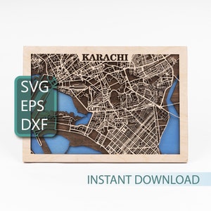 Karachi Wandkunst, Pakistan Karte, digitaler Download, 3D-Schichtlaserschnittdateien, CNC Holzkunst, Glowforge-Vorlage, Stadtdekor, Reisegeschenke