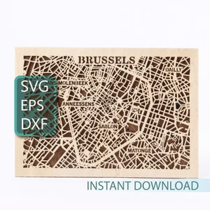 Mapa de Bruselas, arte belga, SVG de madera en capas, diseños listos para láser, archivos de máquina CNC, vector DXF, manualidades de viaje, descarga digital instantánea