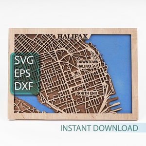 May include: A wooden map of Halifax, Nova Scotia, with a blue background. The map shows the downtown area, South End, and the Halifax Harbour. The text "SVG EPS DXF INSTANT DOWNLOAD" is printed below the map.