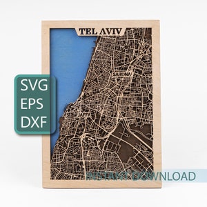 Tel Aviv-kunst, Israël-decor, gelaagde kaart SVG, multiplex lasergesneden bestand, instant digitale download, stadsontwerpen, Cricut-projecten