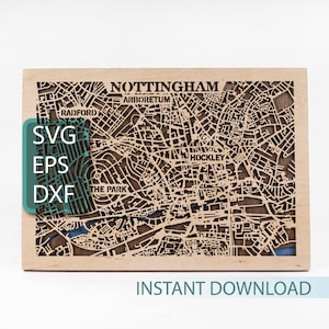 Nottingham Karte, England SVG, Sperrholz Multilayer-Design, Laserschneidedateien, digitaler Download, Vereinigtes Königreich Geschenke