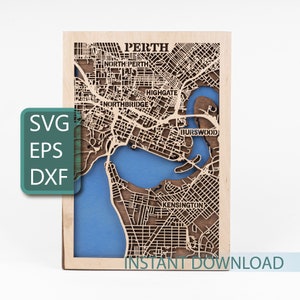 Perth, Australie, carte 3D en bois, projets CNC, fichiers prêts à être découpés au laser, superpositions, art mural ville, travaux manuels Cricut, téléchargement numérique