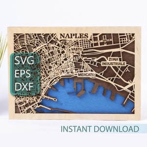 Mappa di Napoli, Italia, Arte di Napoli, Ritaglio della città, File SVG tagliati al laser, Design multistrato in compensato, Progetti Glowforge, Download digitale