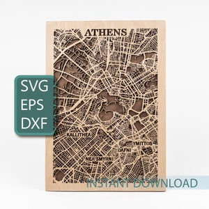 Mapa de Atenas, Arte da Grécia, DXF multicamadas, Arquivos SVG de corte a laser, Download digital instantâneo, Recortes de madeira, Design Glowforge, Decoração de mapa da cidade