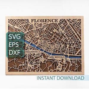 Mappa di Firenze, File di taglio laser in legno, Decorazione Italia, Design a strati, Download digitale, Progetti Glowforge, Vector Craft, Modelli per router CNC